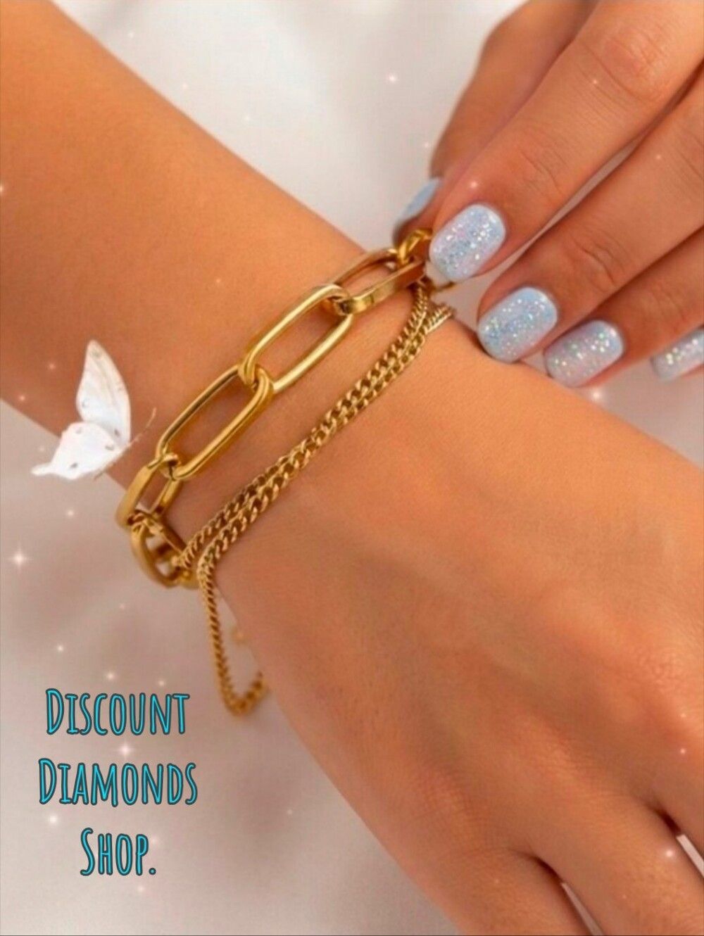 Double Chain Link Bracelet on 14K Yellow Gold over 925 Sterling Silver